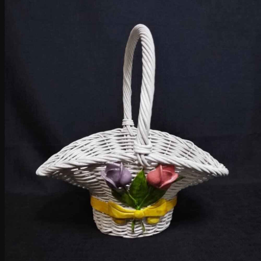 White Wicker Easter Basket With Raised Floral Tulip Detailing Yellow Ribbon